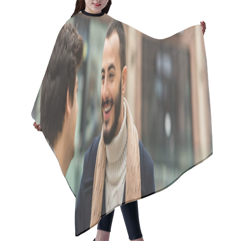 Personality  Bearded Man In Scarf Smiling At Young Gay Partner On Blurred Urban Street, Banner Hair Cutting Cape