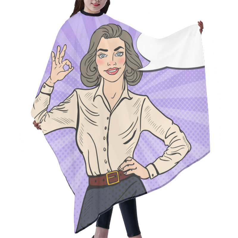 Personality  Pop Art Successful Businesswoman Gesturing OK. Vector Illustration Hair Cutting Cape