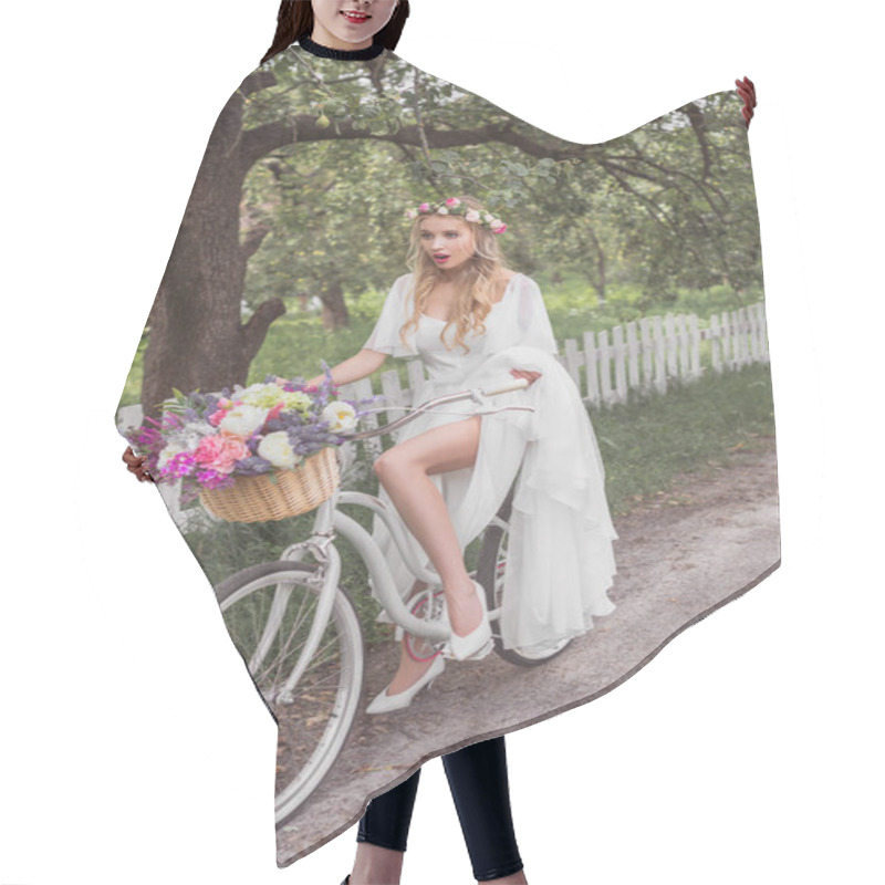 Personality  Beautiful Shocked Young Blonde Bride Riding Bicycle With Flower Basket  Hair Cutting Cape