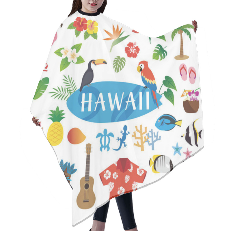 Personality  Hawaii Clip Arts Icon Set: Tropical Birds, Tropical Flowers, Tiki Masks, Aloha Shirt, Sea Turtles, Gecko, Tropical Fish, Ukulele, Palm Tree Hair Cutting Cape