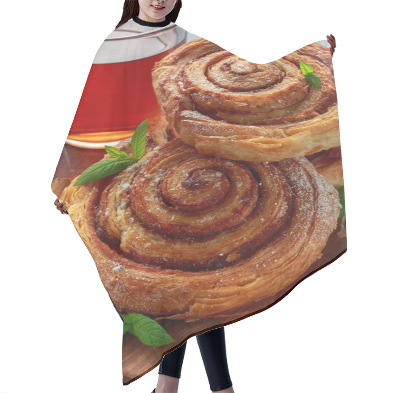 Personality  Freshly Baked Traditional Sweet Cinnamon Rolls, Swirl With Hot Black Tea And Mint Hair Cutting Cape