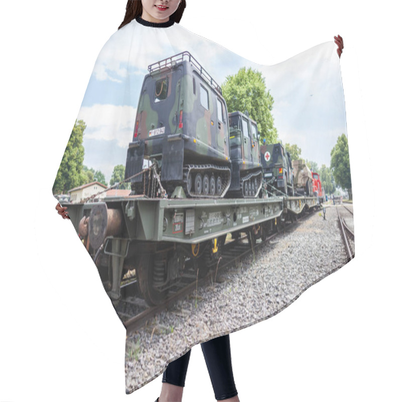 Personality  FELDKIRCHEN / GERMANY - JUNE 9, 2018: German Armoured Military Vehicles From Bundeswehr, Stands On A Train Waggon At Day Of The Bundeswehr In Feldkirchen / Germany. Hair Cutting Cape