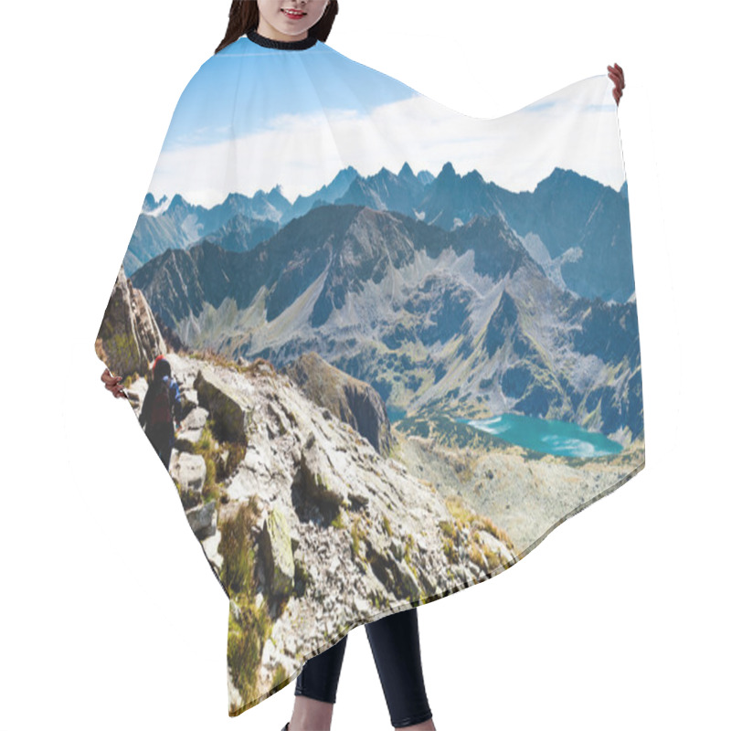 Personality  Woman Hiking Up Steep Hill With Backpacks And Rocky Mountain View Hair Cutting Cape