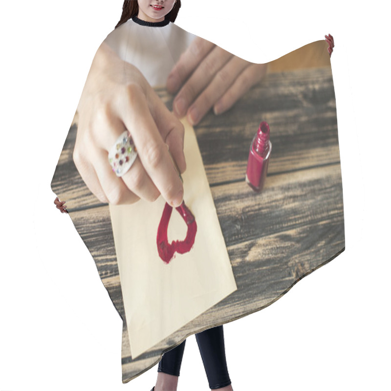 Personality  Writing A Love Note With Enamel, Heart On Paper On Wooden Desk Hair Cutting Cape