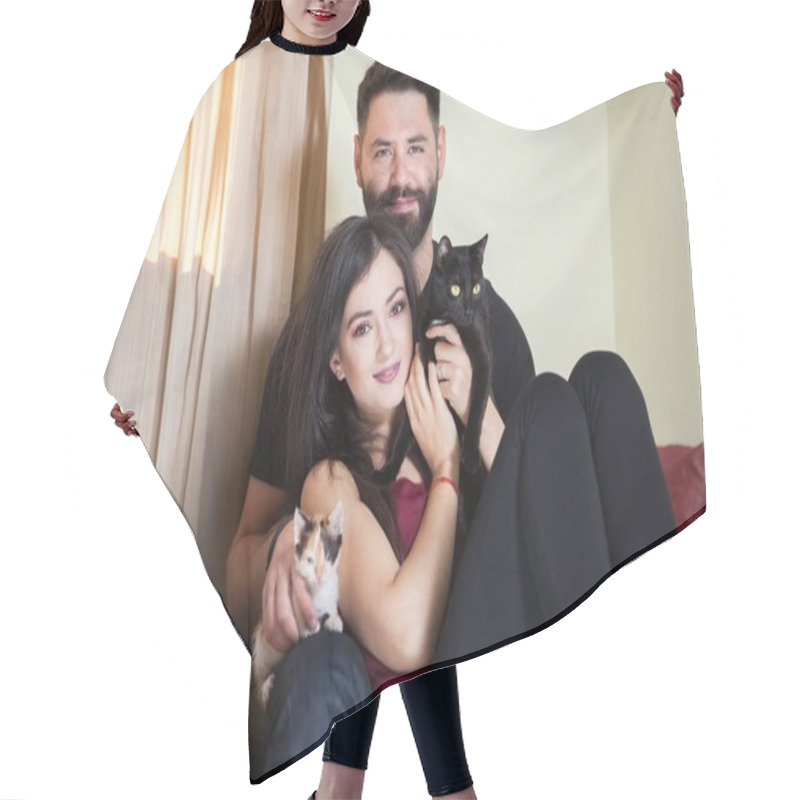 Personality  Gorgeous Beautiful Young Couple Holding Cats In Hands Hair Cutting Cape