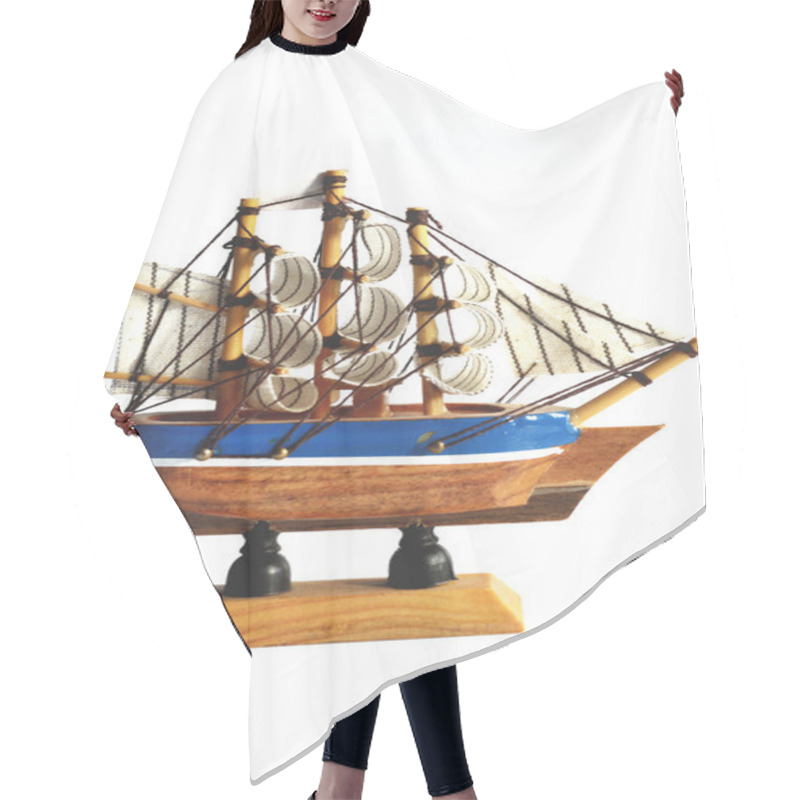 Personality  Wooden Model Ship With Sails On A White Background Hair Cutting Cape