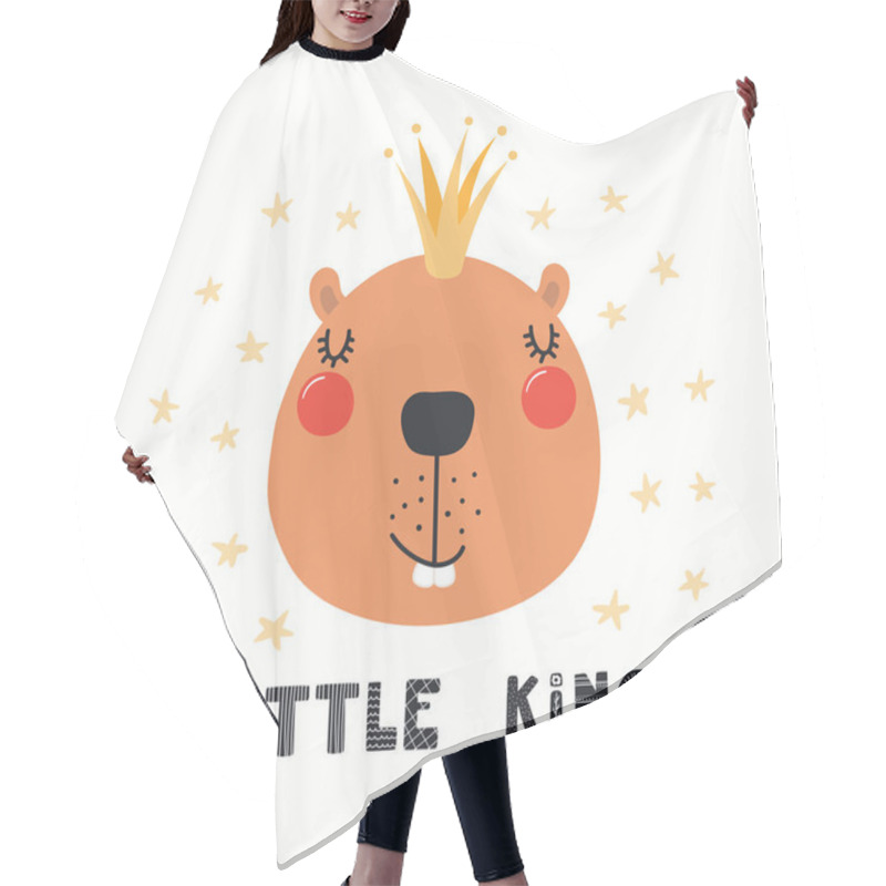 Personality  Hand Drawn Vector Illustration Of Cute Funny Beaver In  Crown, With Lettering Quote Little King Isolated On White Background. Scandinavian Style Flat Design. Concept For Children Print Hair Cutting Cape