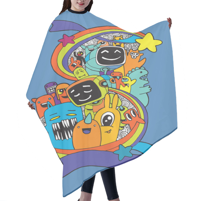 Personality  Hand Drawn Aliens , Monsters And Robot Cartoon Doodle Hair Cutting Cape