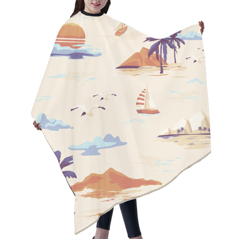 Personality  Vintage Beautiful Seamless Island Pattern On White Background. Landscape With Palm Trees, Yacht, Beach And Ocean Vector Hand Drawn Style Hair Cutting Cape