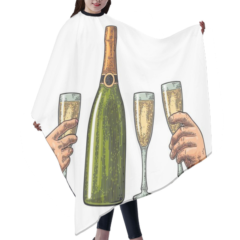 Personality  Bottle Of Champagne Explosion And Hand Hold Glass. Hair Cutting Cape