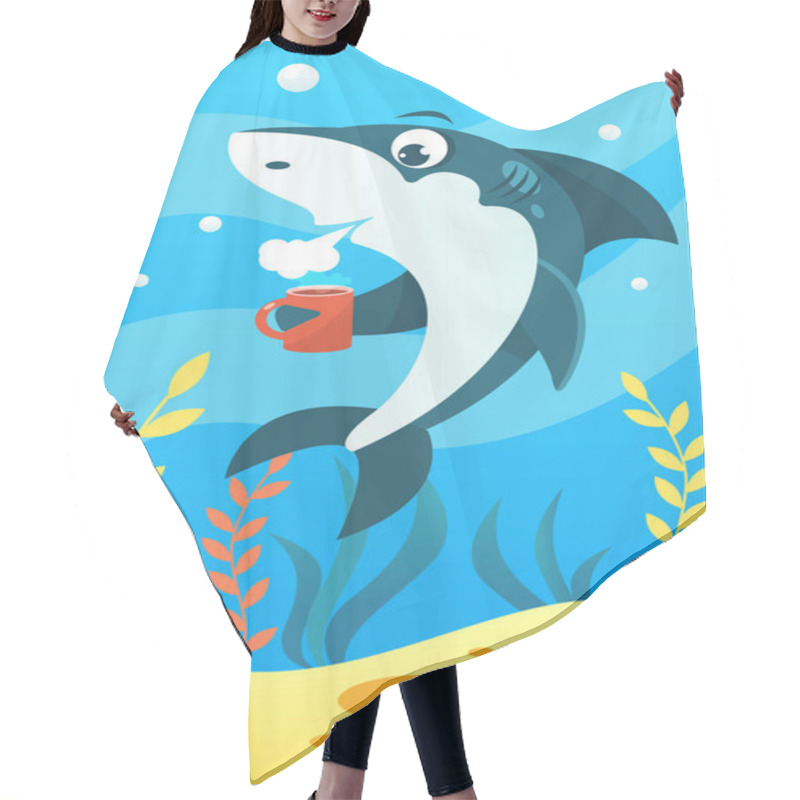 Personality  Cute Smiling Animals And Underwater World. Cute Shark Holds Mug Of Coffee And Blows, Cooling The Coffee. Undersea World Animals, Algae And Water Bubble Cartoon Vector Illustration. Hair Cutting Cape