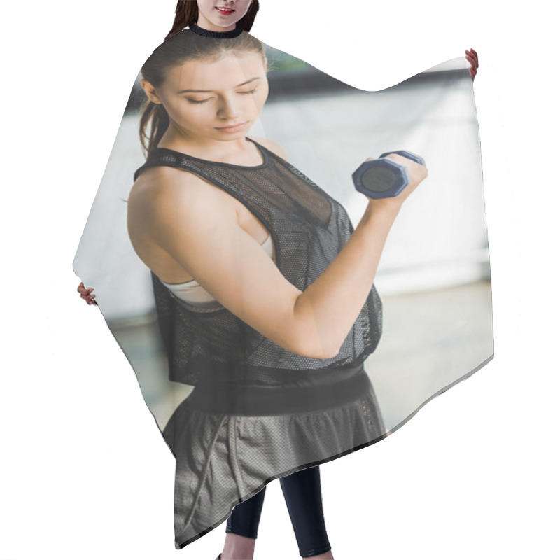 Personality  Portrait Of Beautiful Sportswoman Training With Dumbbells At Sports Center Hair Cutting Cape