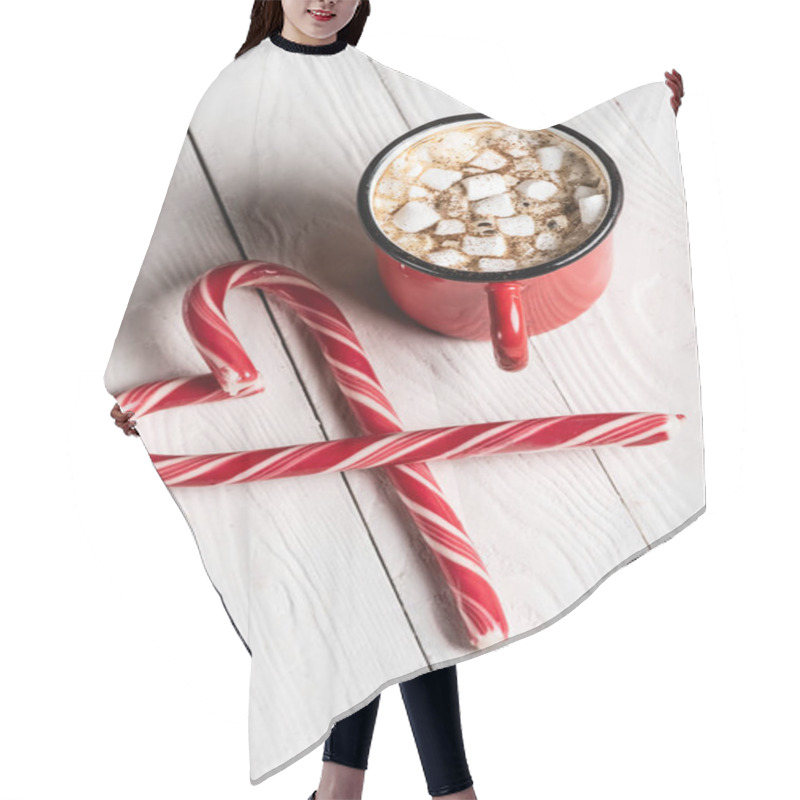 Personality  Red Cup Of Cocoa Near Christmas Candy Canes In Shape Of Love Symbol Hair Cutting Cape