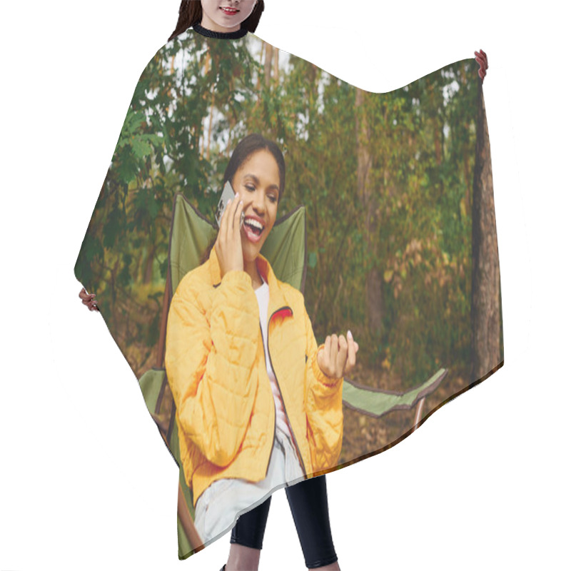 Personality  A Young Woman Enjoys A Lively Conversation In The Autumn Forest, Surrounded By Colorful Foliage And Nature. Hair Cutting Cape