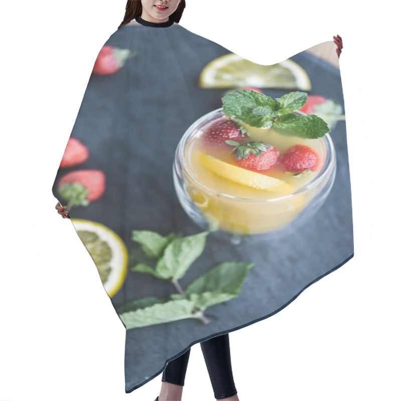 Personality  Top View Of Glass With Juicy Summer Cocktail With Mint And Strawberries On Slate Board Hair Cutting Cape