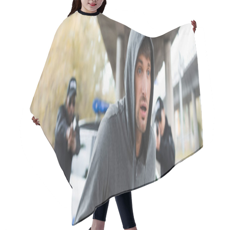 Personality  Scared Hooded Offender Running From Multicultural Police Officers On Blurred Background Outdoors, Banner Hair Cutting Cape