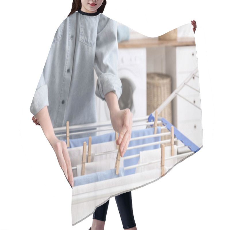 Personality  Woman Hanging Clean Laundry On Drying Rack In Bathroom, Closeup Hair Cutting Cape