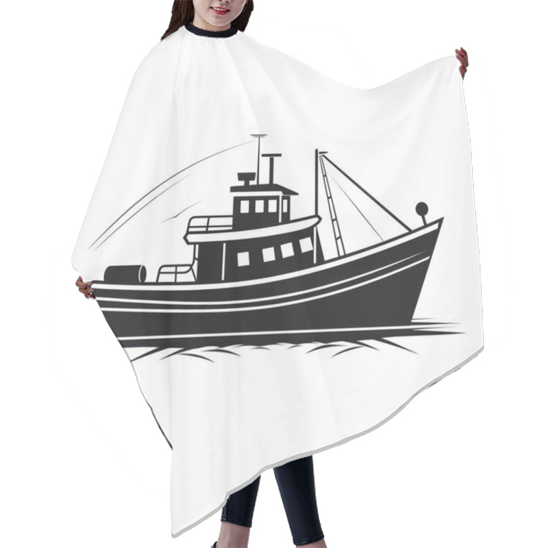 Personality  Stylized Black And White Illustration Of A Fishing Boat, Showcasing Its Refined Design And Sturdy Structure. Hair Cutting Cape