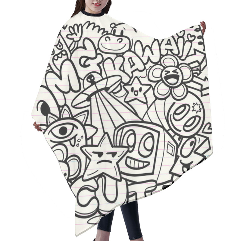 Personality  Playful Black And White Doodle  Featuring Cute Characters, Stars, Flowers, And Playful Designs Evoke Fun And Whimsical Atmosphere. Perfect For Art Lovers And Enthusiasts. Hair Cutting Cape