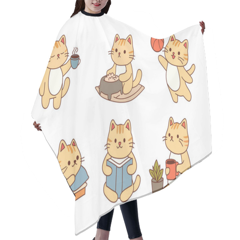 Personality  Multiple Pose Different Activity Of Cat. Animals Cartoon. Hair Cutting Cape