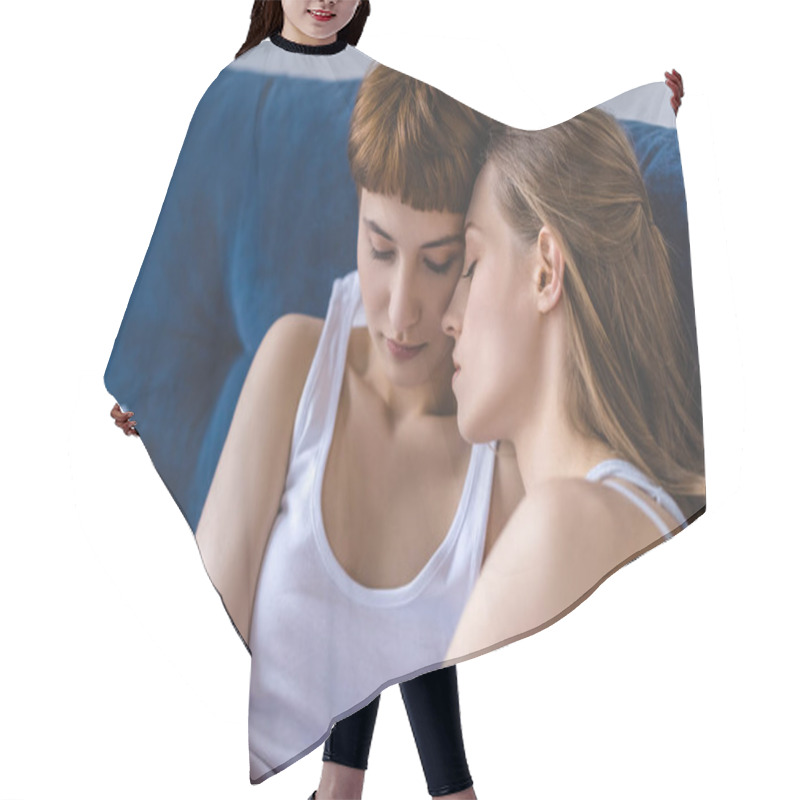 Personality  Young Lesbian Couple Cuddling While Lying Together In Bed Hair Cutting Cape