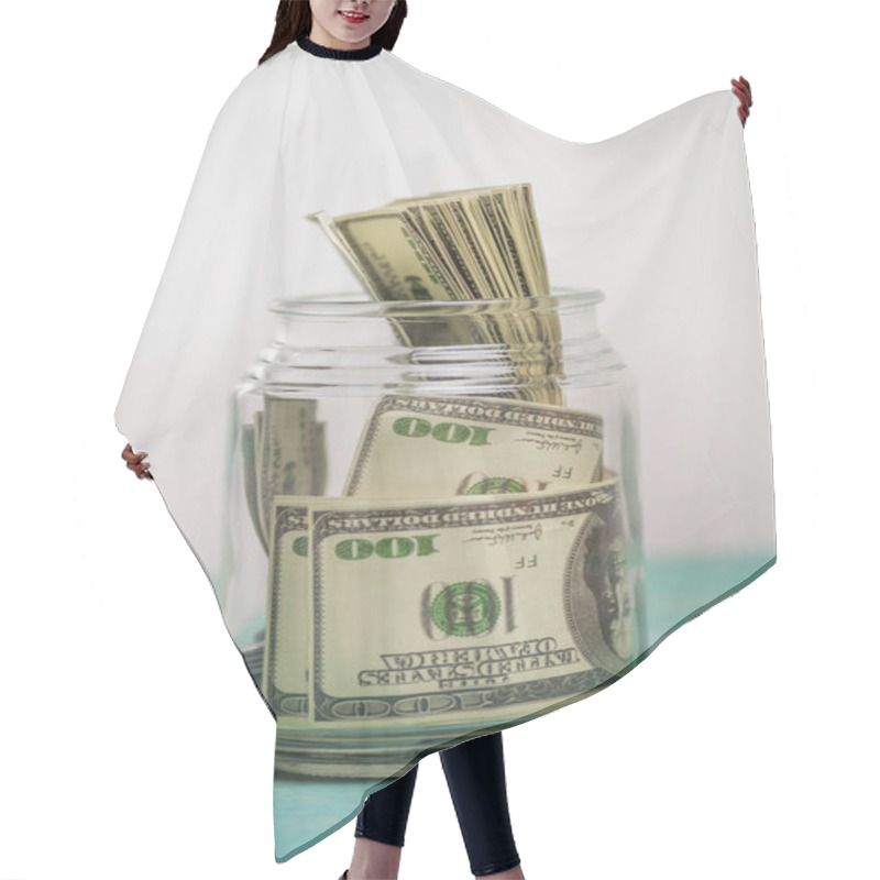 Personality  Dollar Banknotes In Glass Jar  Hair Cutting Cape