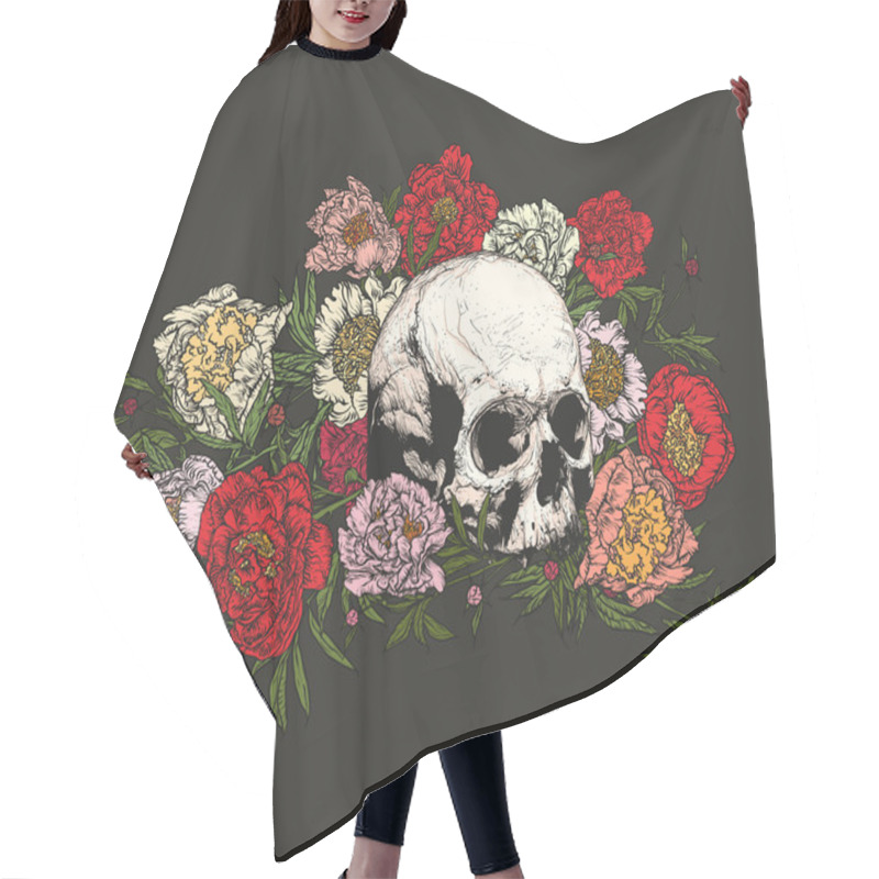 Personality  Skull Surrounded By Peonies . Hair Cutting Cape