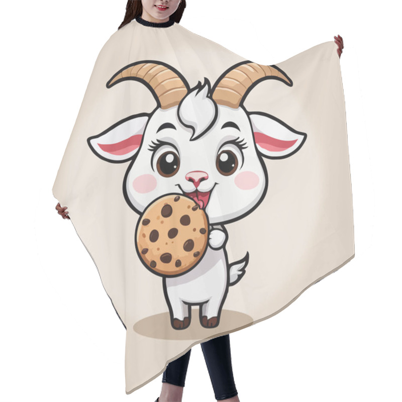 Personality  A Cute Goat Character With Large Eyes And Horns, Happily Holding A Chocolate Chip Cookie Against A Blue Background. Hair Cutting Cape