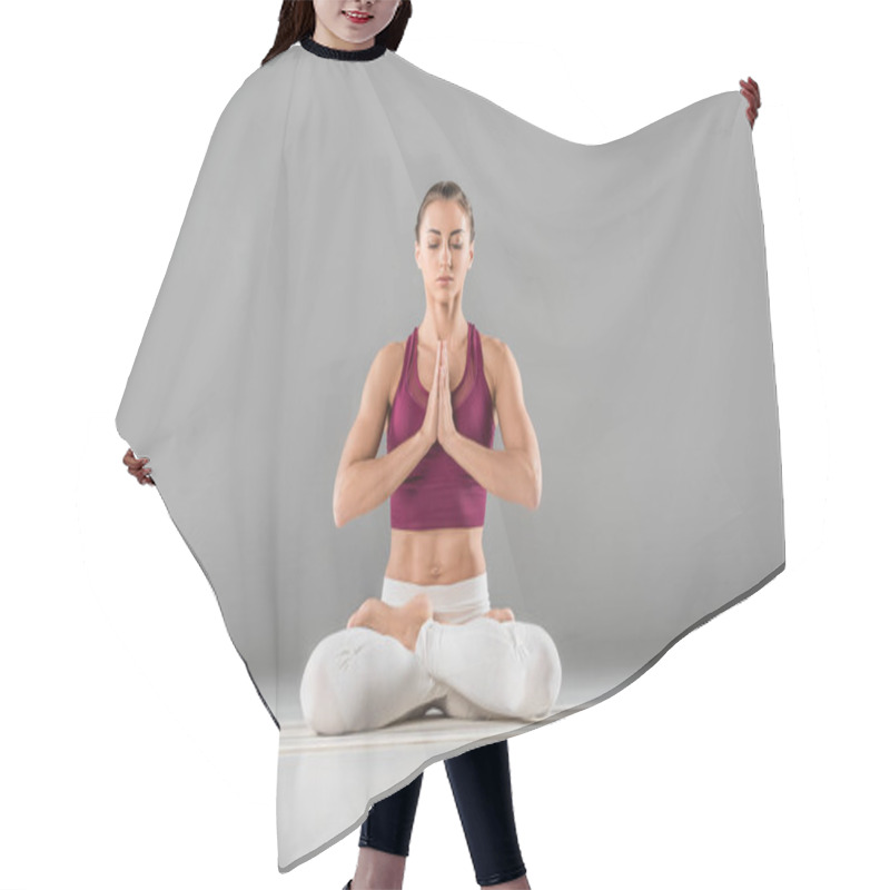 Personality  Woman Sitting In Lotus Pose Hair Cutting Cape