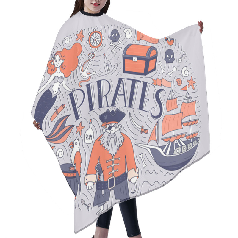 Personality  Symbols Of Pirates - Hat, Sword, Guns, Treasure Chest, Ship, Flag, Captain, Skull And Crossbones, Compass, Mermaid, Map, Parrot. Hair Cutting Cape