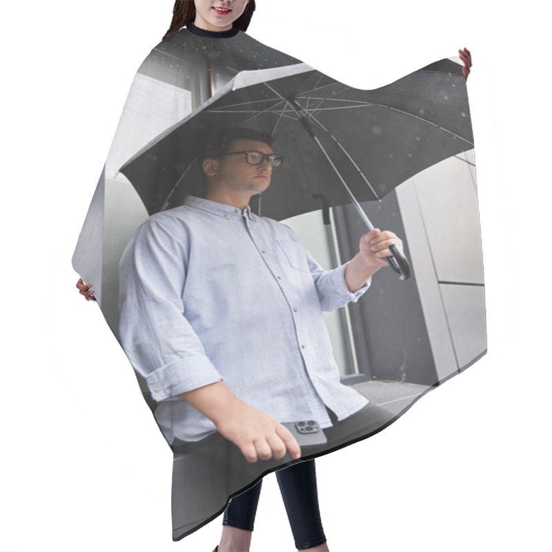 Personality  Young Man With A Prosthetic Leg Sits By A Rainy Window, Holding An Umbrella. Hair Cutting Cape