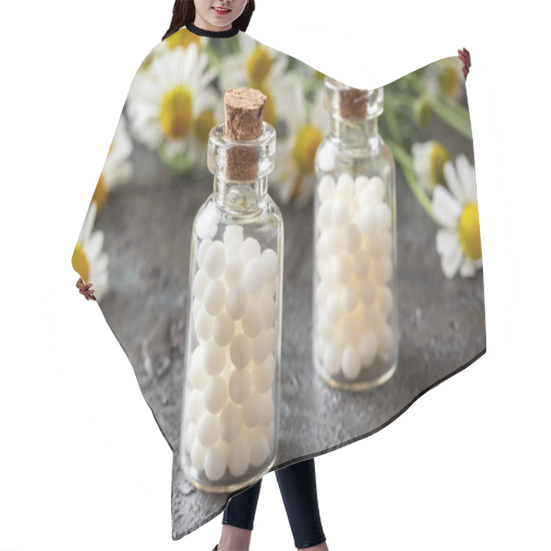 Personality  Bottles Of Homeopathic Pills With Chamomile Flowers Hair Cutting Cape