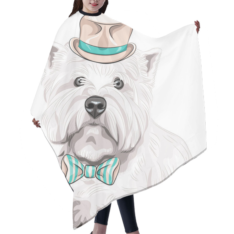 Personality  Vector Dog West Highland White Terrier Breed In Hat And Bow Tie Hair Cutting Cape