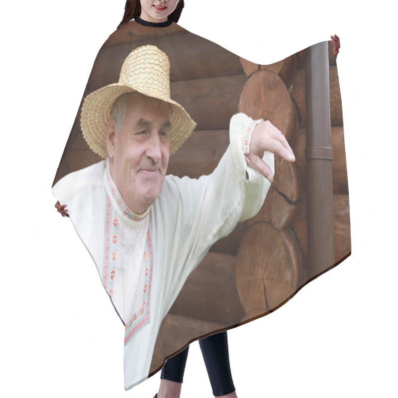 Personality  Tourist In Traditional Belarusian Clothes On Background Of Log Cabin Hair Cutting Cape