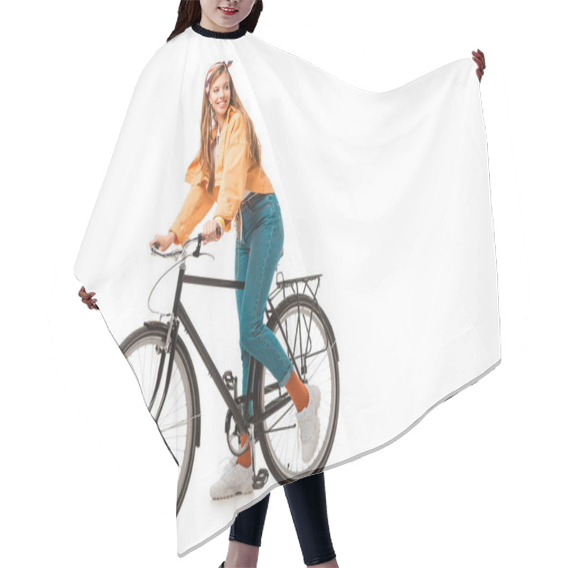 Personality  Smiling Beautiful Hipster Girl Sitting On Bicycle Isolated On White Hair Cutting Cape