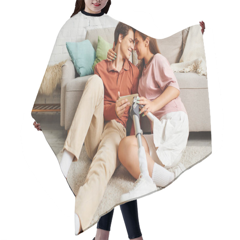 Personality  A Couple Sits On A Fluffy Rug, Sharing A Tender Moment. Hair Cutting Cape