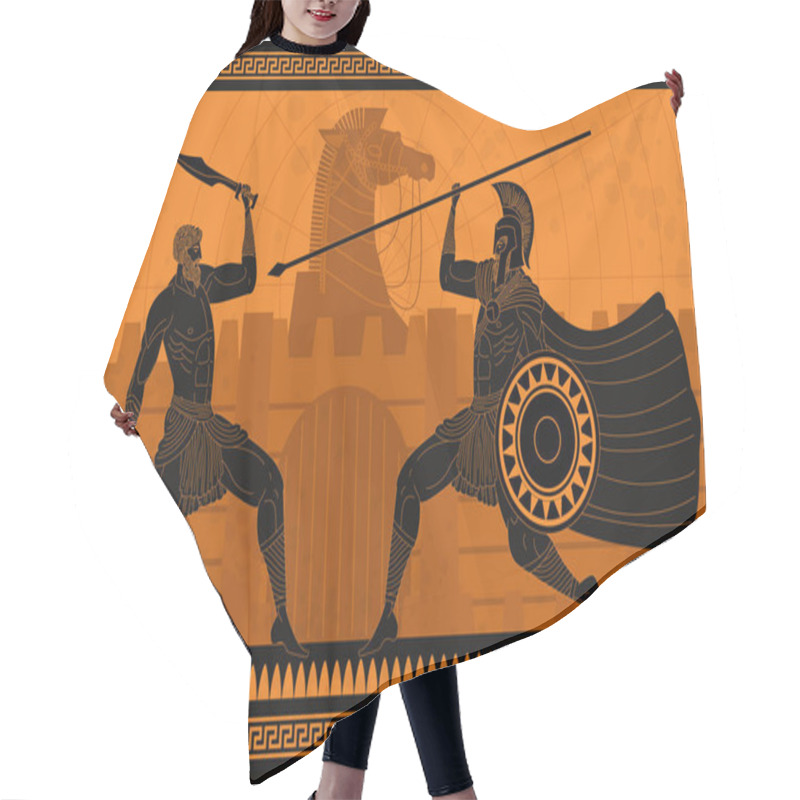 Personality  Orange And Black Figures Pottery Amphora Painting Of Troy War With Achilles Fighting Hair Cutting Cape