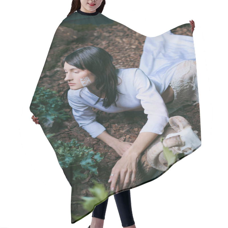 Personality  Woman In White Dress Elegantly Poses In Forest. Hair Cutting Cape