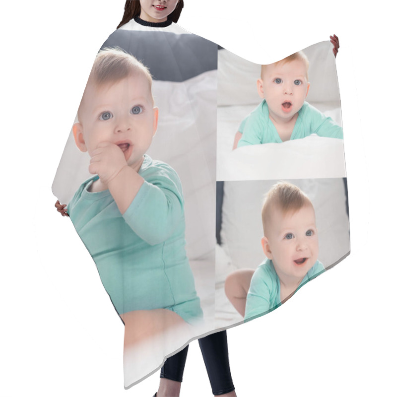 Personality  Collage Of Infant Boy Sitting With Hand In Mouth And Crawling In Bed Hair Cutting Cape