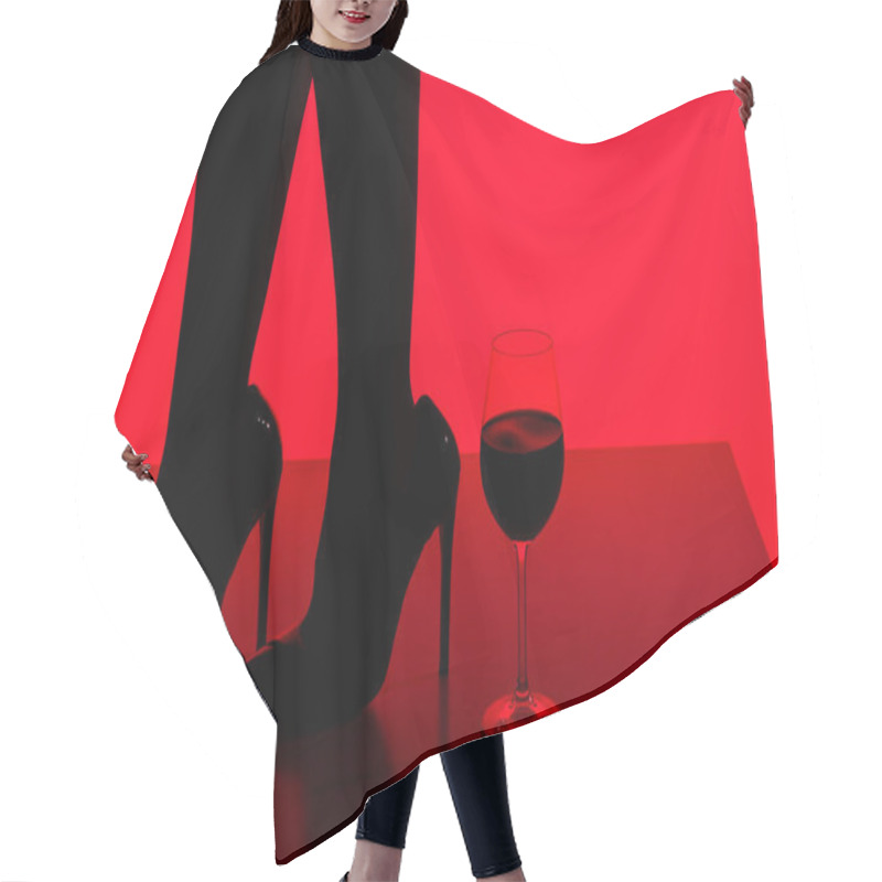 Personality  Partial View Of Black Silhouette Of Girl In Heels With Glass Of Wine Isolated On Red Hair Cutting Cape