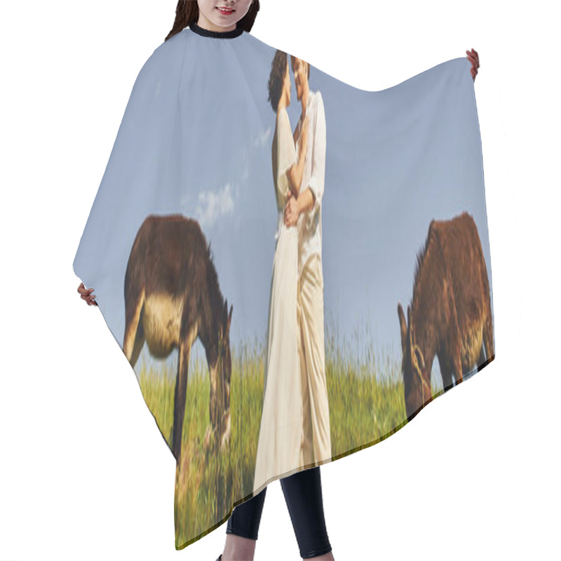 Personality  Happy Interracial Newlyweds White Attire Embracing Near Donkeys Grazing On Meadow, Banner Hair Cutting Cape