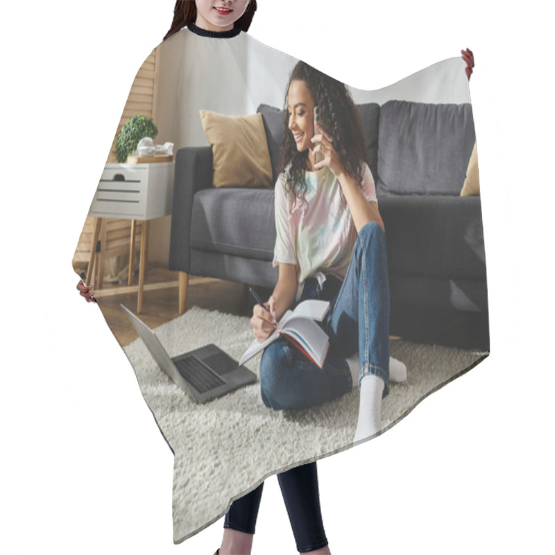 Personality  A Young Woman Sits On The Floor, Absorbed In Her Laptop. Hair Cutting Cape