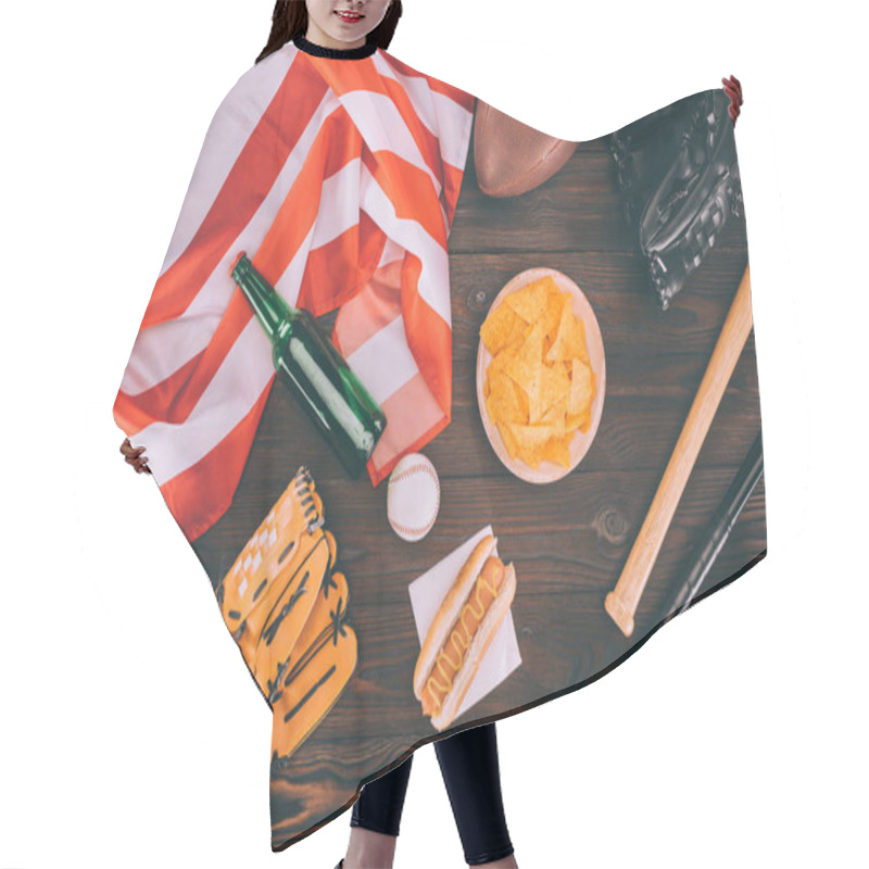 Personality  Top View Of Junk Food, American Flag And Sport Equipment On Wooden Table Hair Cutting Cape