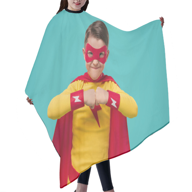 Personality  Boy In Superhero Costume Looking At Camera In Studio Hair Cutting Cape