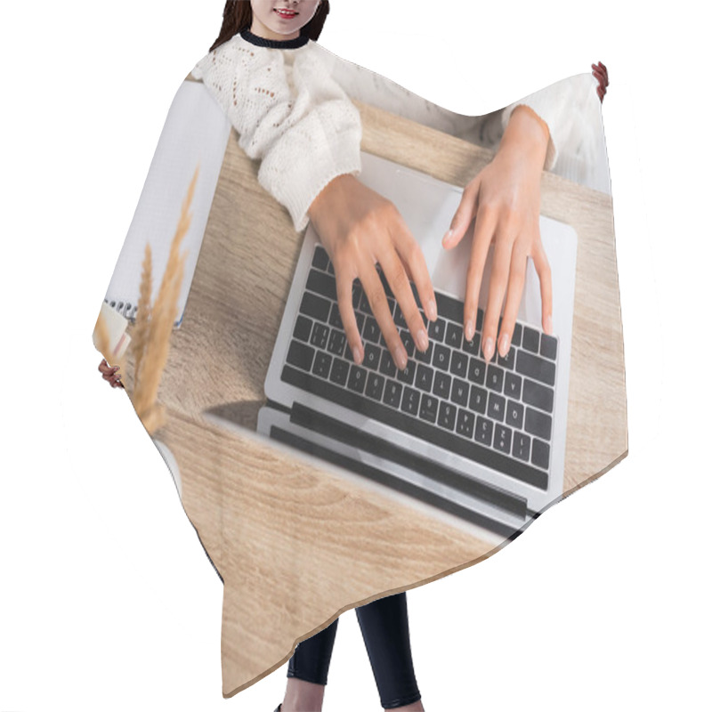 Personality  Top View Of Young Woman Typing On Laptop At Home Hair Cutting Cape