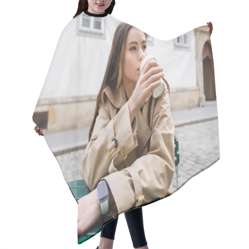 Personality  Young Woman In Trendy Trench Coat Holding Paper Cup And Drinking Coffee To Go In Summer Terrace  Hair Cutting Cape