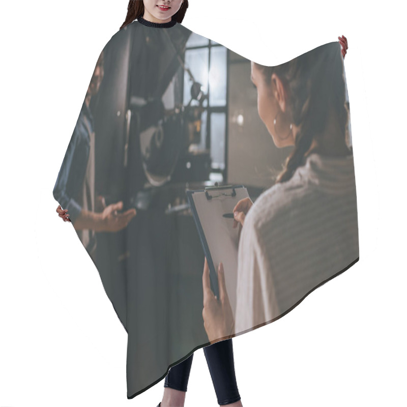 Personality  Selective Focus Of Woman Checking Colleagues Work During Coffee Roasting Process Hair Cutting Cape