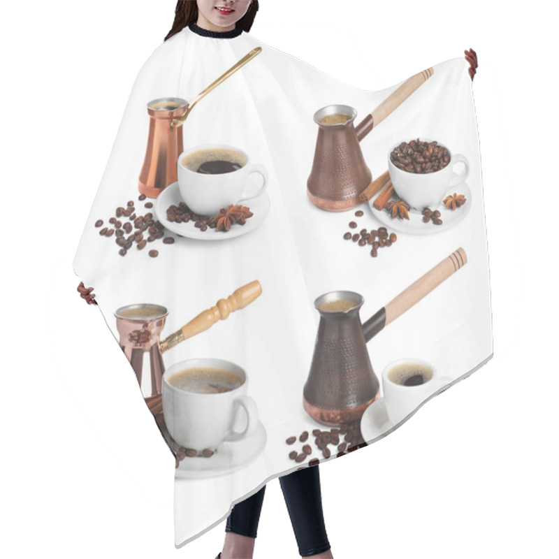 Personality  Set With Different Turkish Coffee Pots (cezve) With Hot Coffee And Beans On White Background Hair Cutting Cape