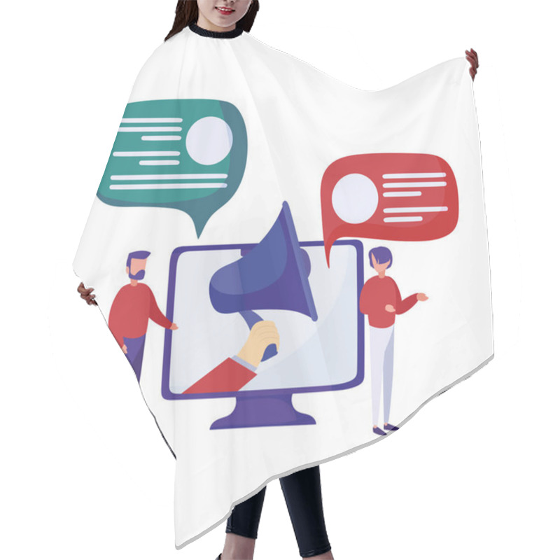 Personality  Man And Woman With Speech Bubbles And Big Computer With Hand Holding A Megaphone Hair Cutting Cape