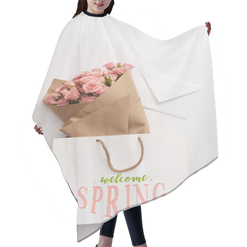 Personality  Bouquet Of Beautiful Pink Roses And White Envelope Near Paper Bag With Welcome Spring Illustration  Hair Cutting Cape